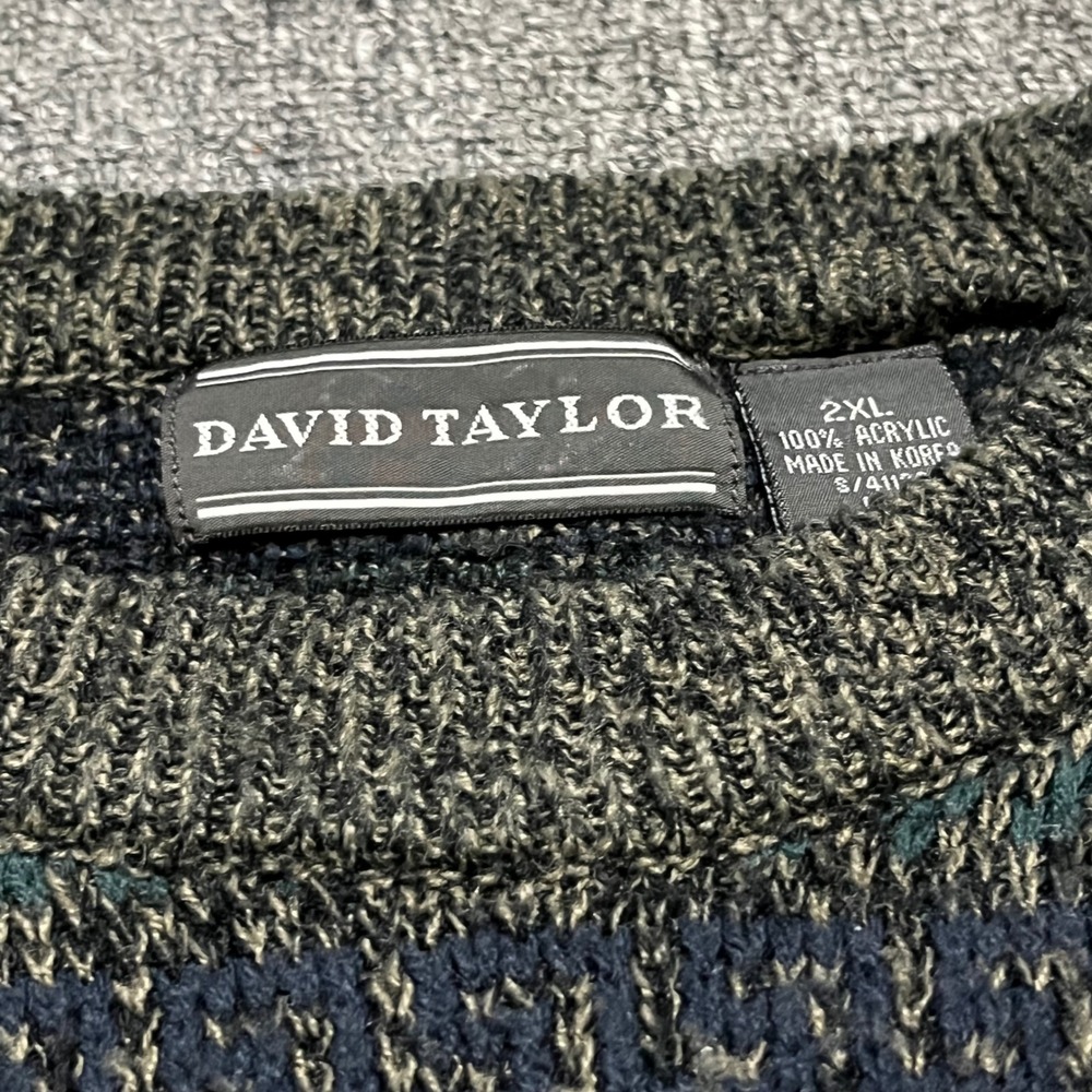David Taylor Vintage Geometric Knit Crewneck Sweater 2XL Blue Green Grey - Picture 3 of 7